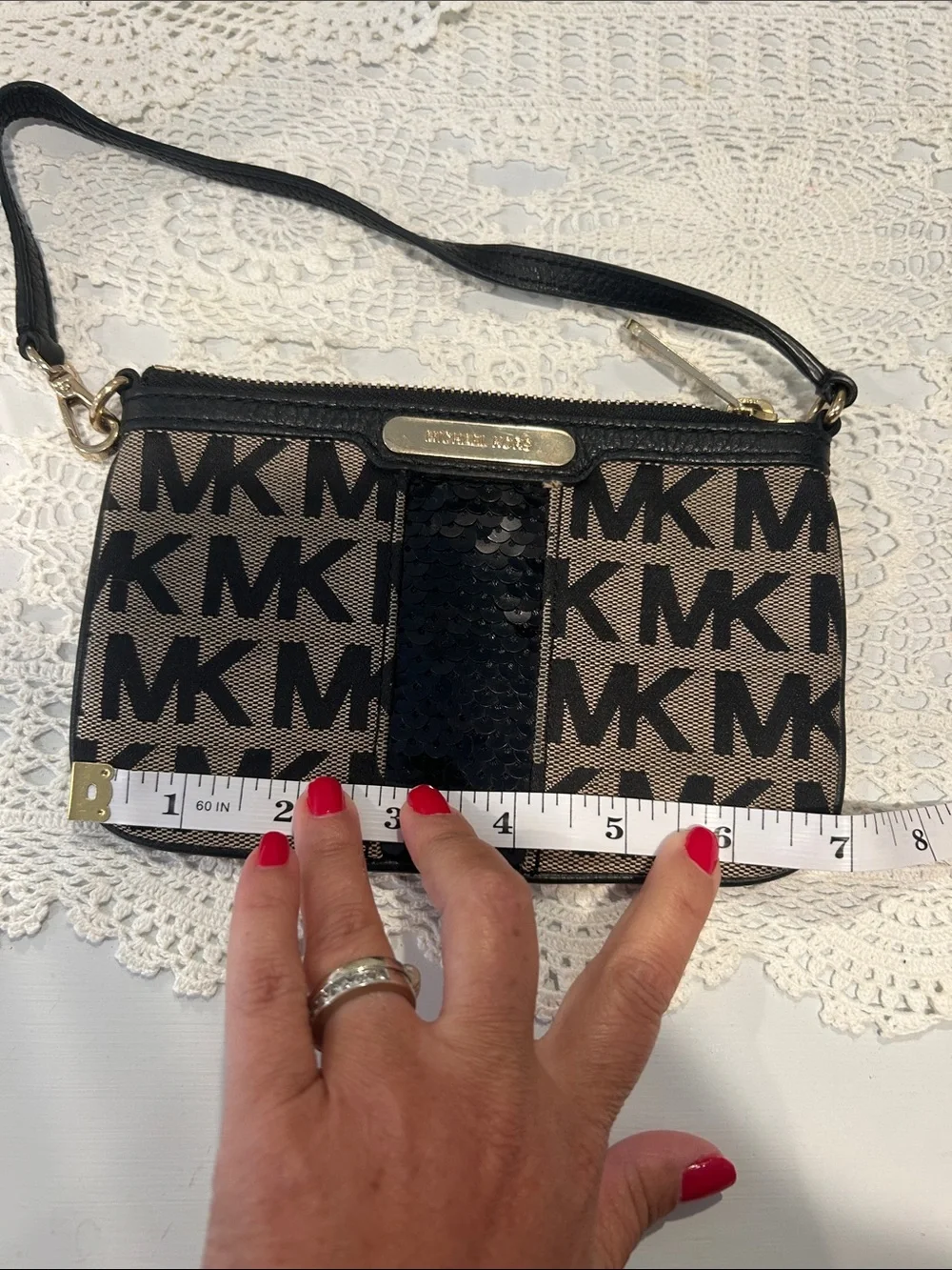 Michael Kors Black and Beige Logo Sequin Wristlet